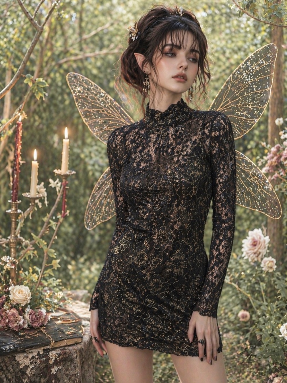 NWT Charles Henry Black Lace Long-Sleeve Mini Dress with Gold Accents small